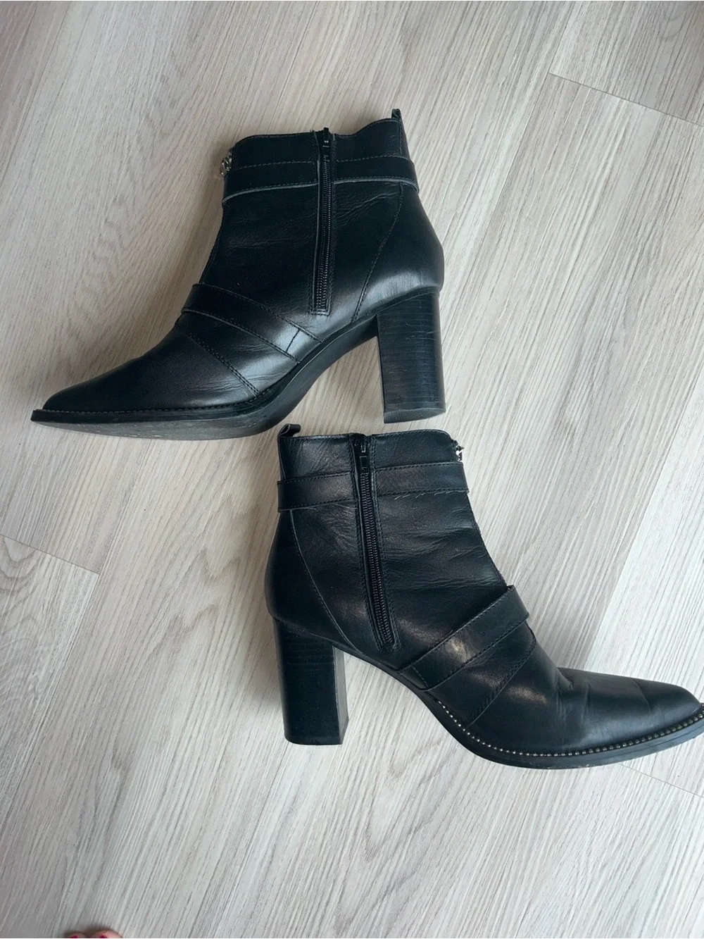 Halle Moto Buckle Booties Black 11M Leather Pointed Toe Side Zipper